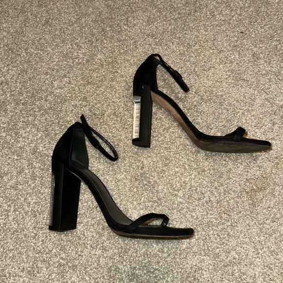 Stuart Weitzmann black leather suede sandals clear block heel - Picture 1 of 13